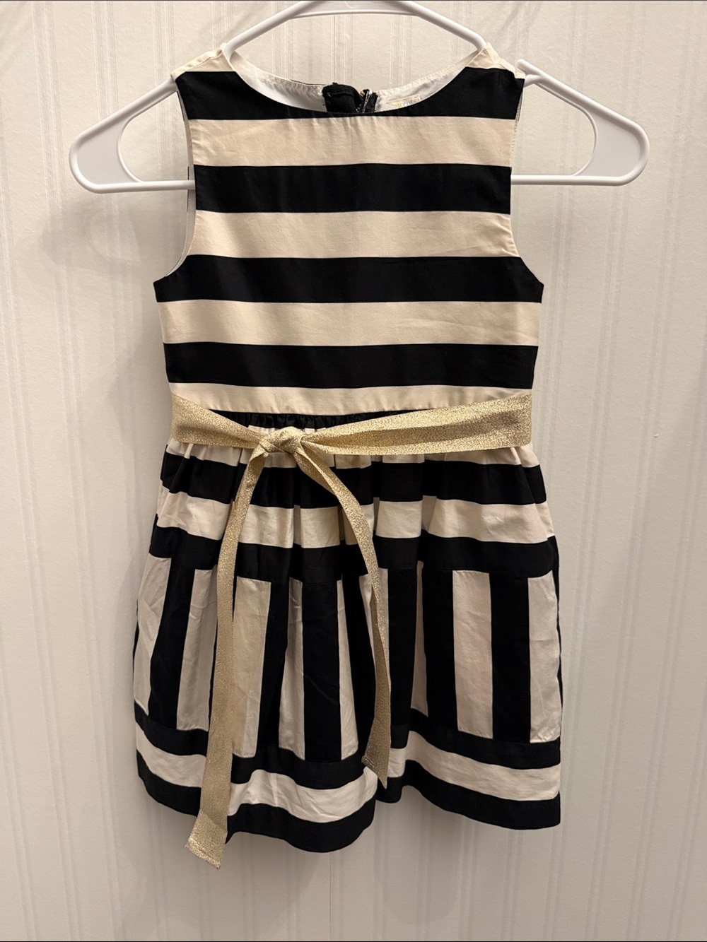 Crewcuts Black and Cream Striped Dress with Gold Sash